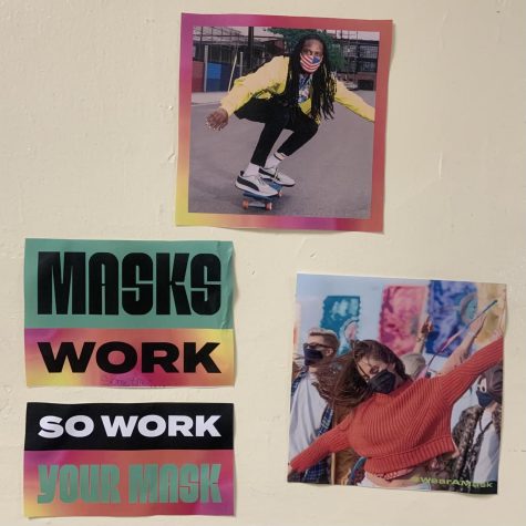 Hallway posters in the Annex encouraging students to wear masks for preventing the spread of Covid 19.