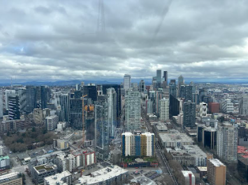 Downtown Seattle, Washington, as seen from the window of its most iconic attraction, the Space Needle, on March 7, 2026. Seattle is a major economic hub of the United States, and is located in Cascadia, in the northwestern corner of the US, about three hours from the Canadian border. Its metropolitan area population is over 4 million. Seattle is the home of many large and important American companies, such as Amazon, Boeing, Microsoft, Costco, and Starbucks.